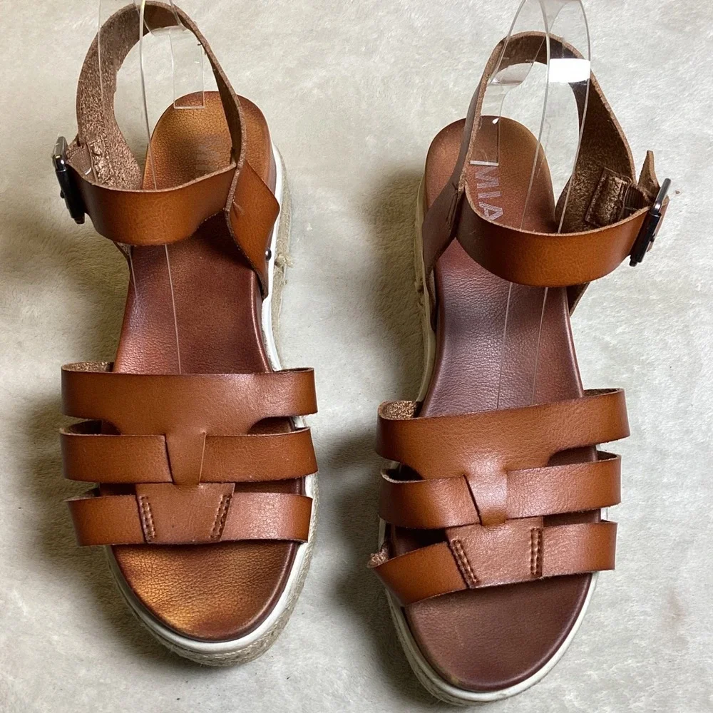 MIA Womens Cognac Brown Platform Espadrille Gladiator Sandals Size 8.5 Buckle